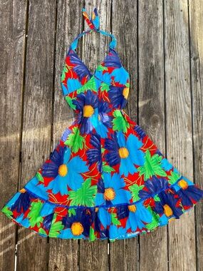 Vintage 70s Handmade Floral Halter Ruffle Sun Dress